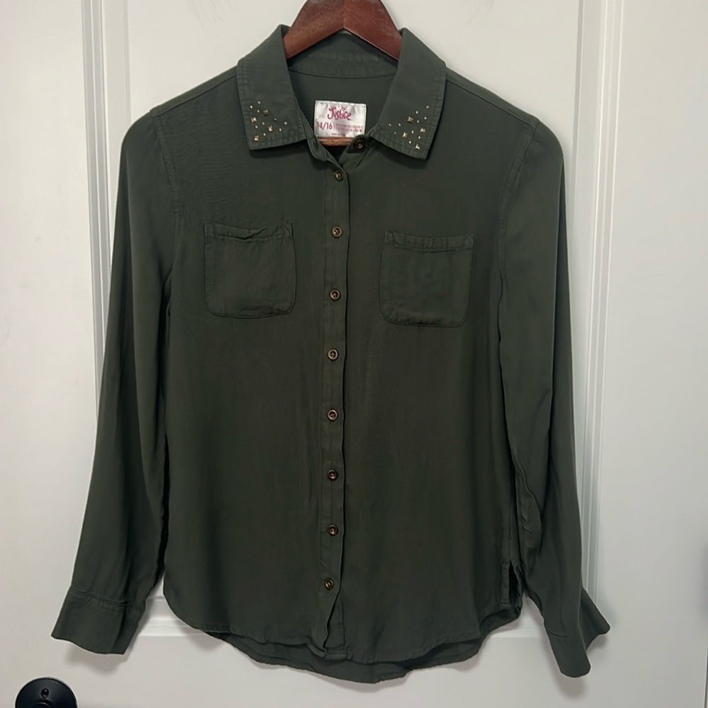 Justice Girls Army Green Long Sleeve Button Down Top size 14/16
